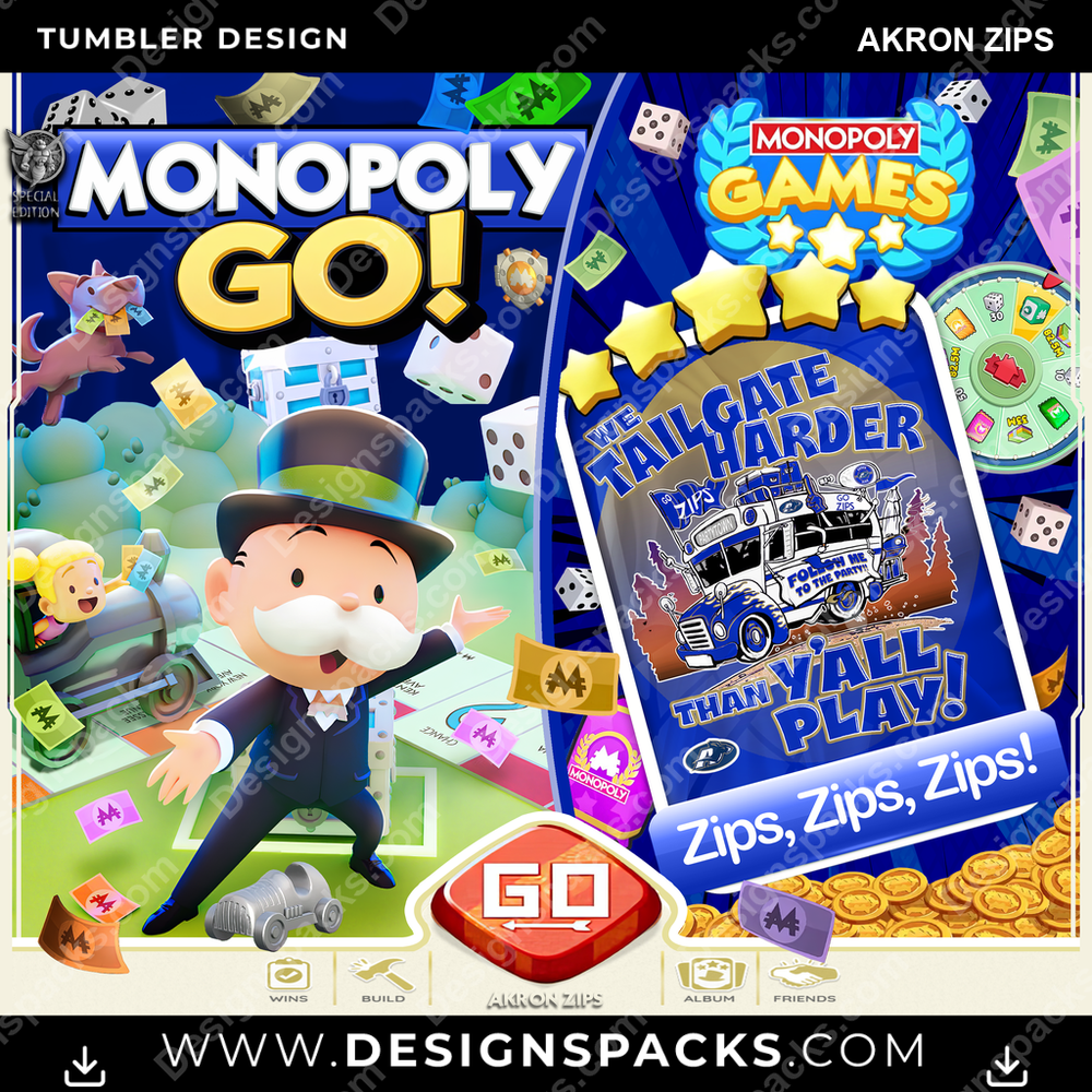 College Sport Monopoly Go! Akron Zips Tumbler Digital Wrap Design