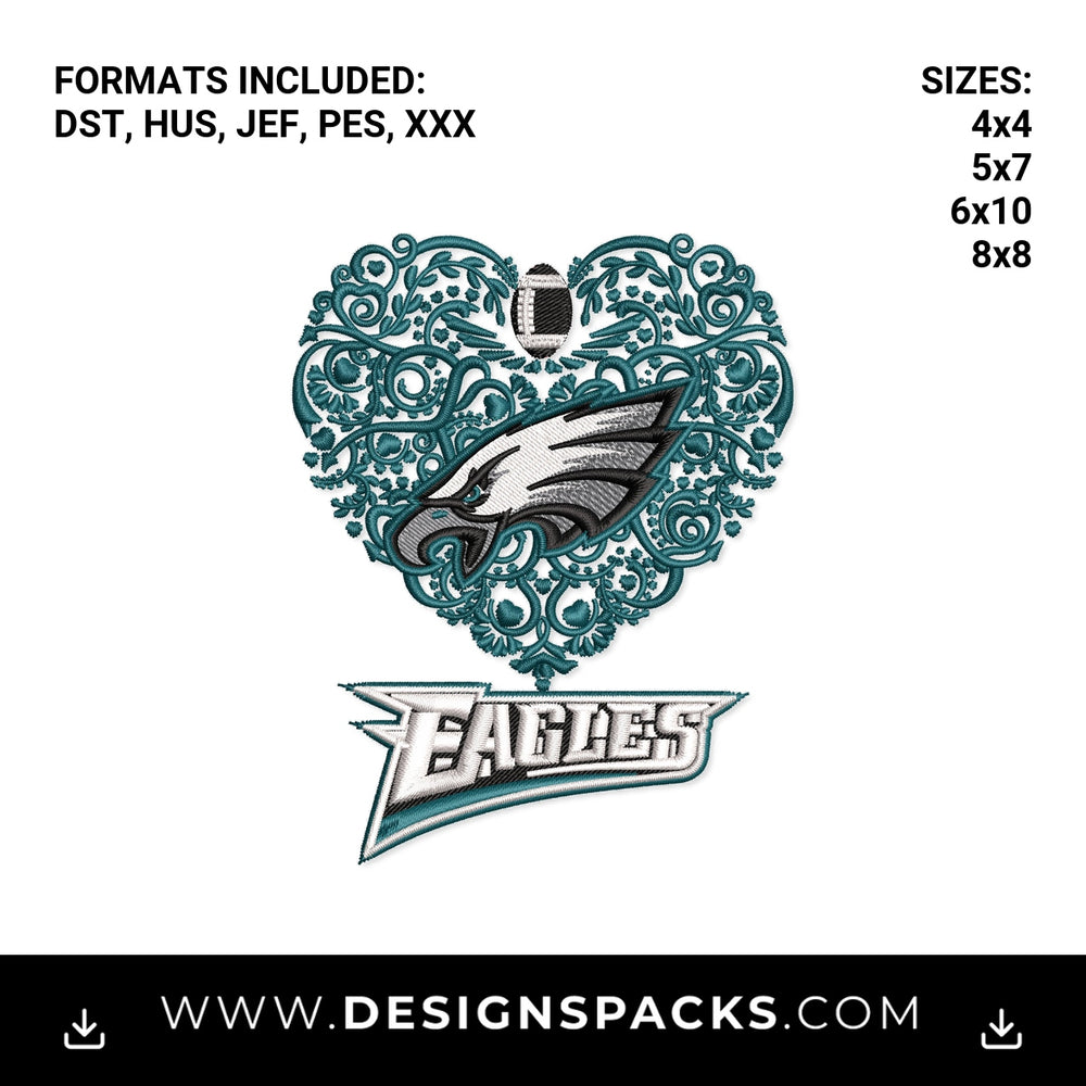 Philadelphia Eagles Filigree Heart Embroidery Design - Instant digital download pattern at Designspacks.com