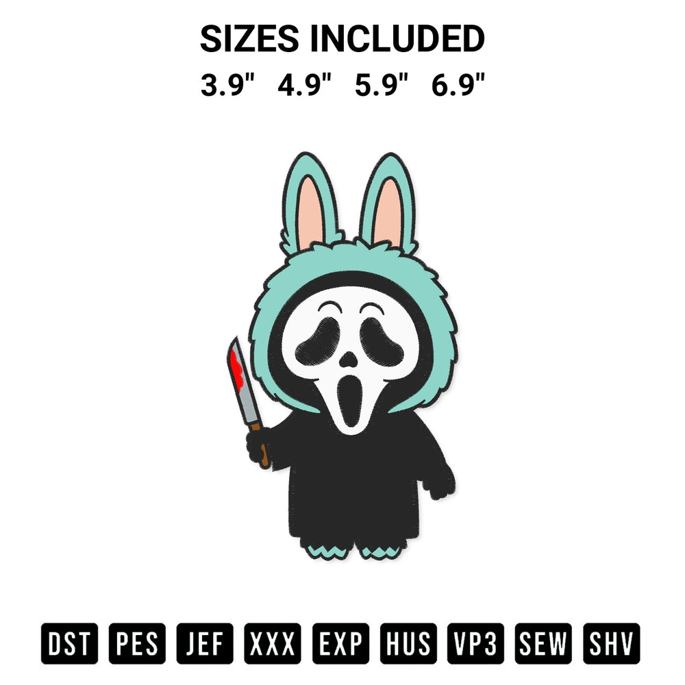 Discover the perfect addition to your crafting collection: Ghostface Labubu Embroidery Design embroidery file. Instantly available at Designspacks.com. Available sizes: 3.9", 4.9", 5.9", 6.9".
