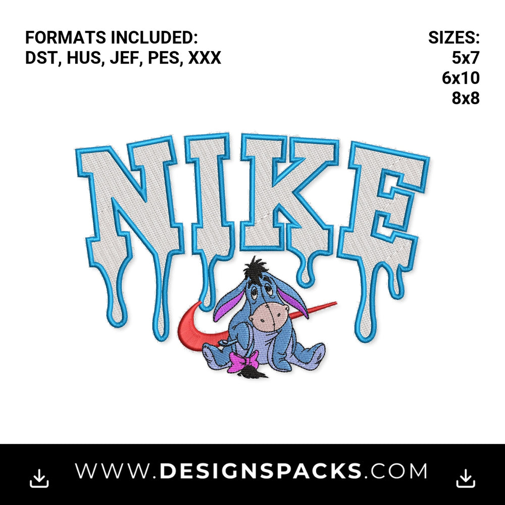 Eeyore Dripping Nike Swoosh Embroidery Design - Instant digital download pattern at Designspacks.com