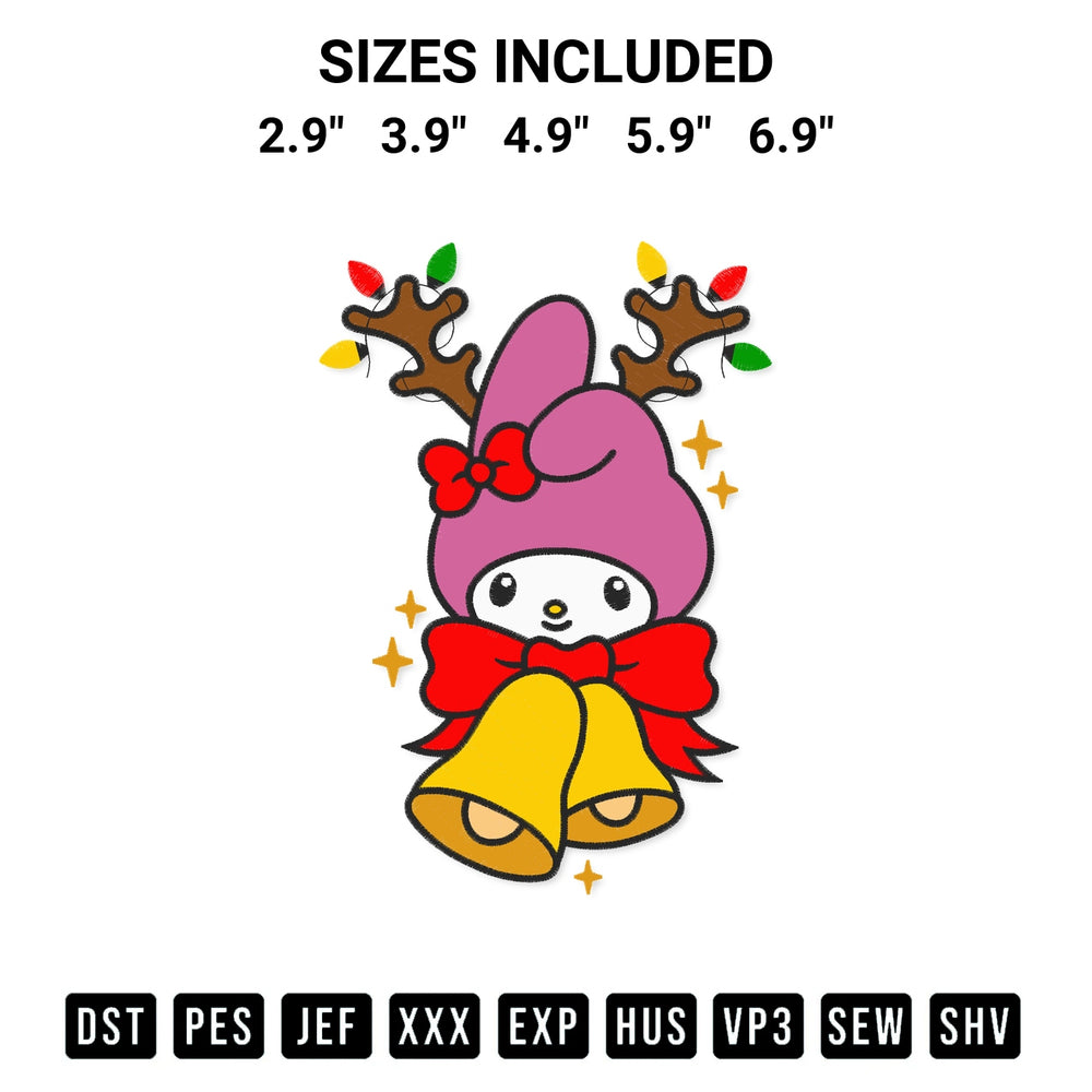 Download the My Melody Reindeer Christmas Embroidery Design machine embroidery design exclusively at Designspacks.com. Premium digitized pattern for apparel and DIY crafts. Available sizes: 2.9", 3.9", 4.9", 5.9", 6.9".