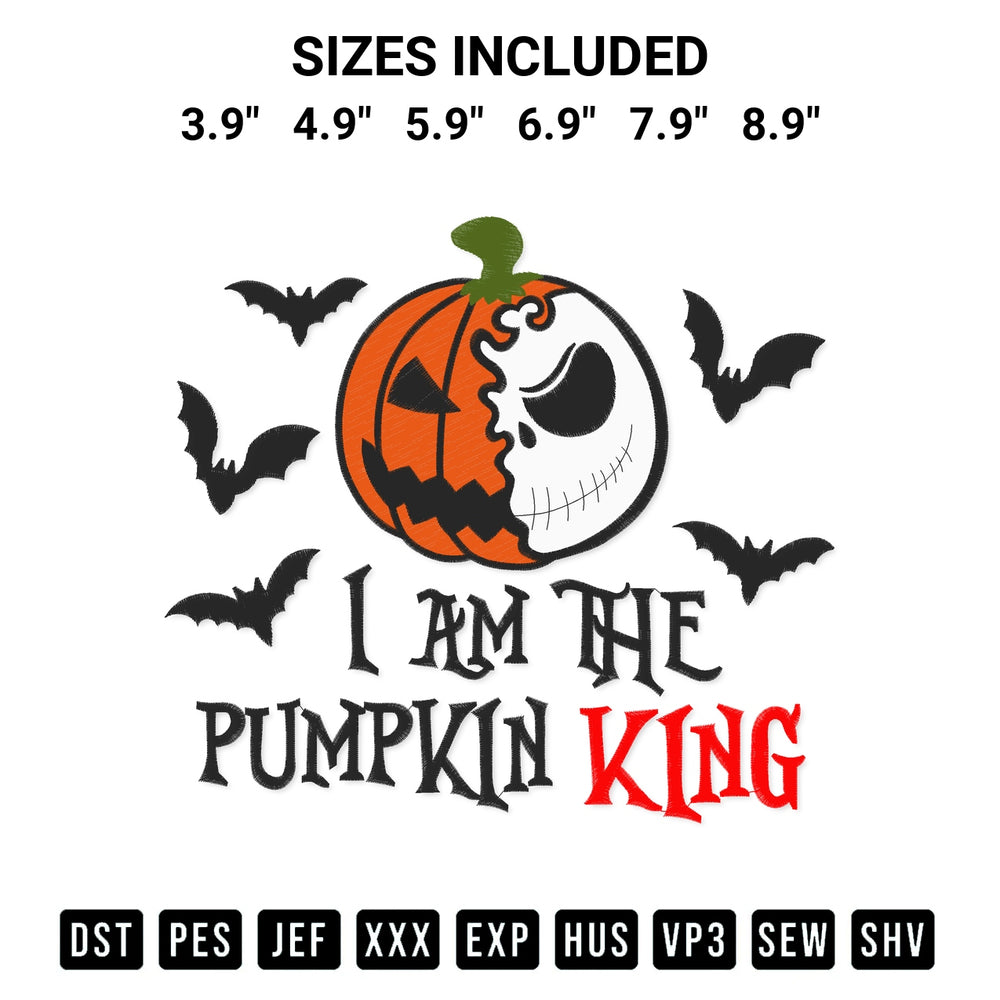 Transform your fabrics with the I Am The Pumpkin King Embroidery Design embroidery design. Instant access to premium digitized patterns at Designspacks.com. Available sizes: 3.9", 4.9", 5.9", 6.9", 7.9", 8.9".