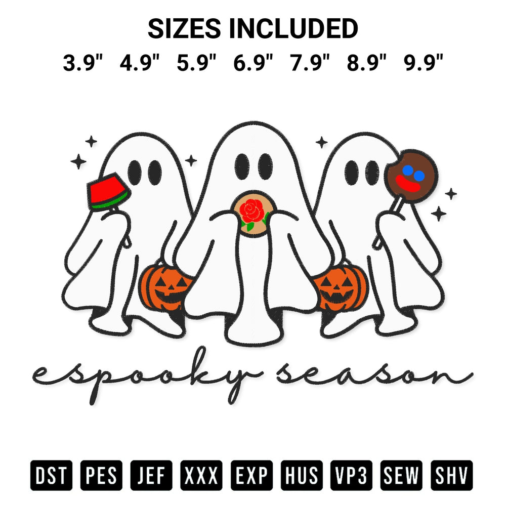 Create amazing crafts with the Espooky Season Ghosts Embroidery Design embroidery file. High-quality digital download from Designspacks.com, perfect for beginners and pros. Available sizes: 3.9", 4.9", 5.9", 6.9", 7.9", 8.9", 9.9".