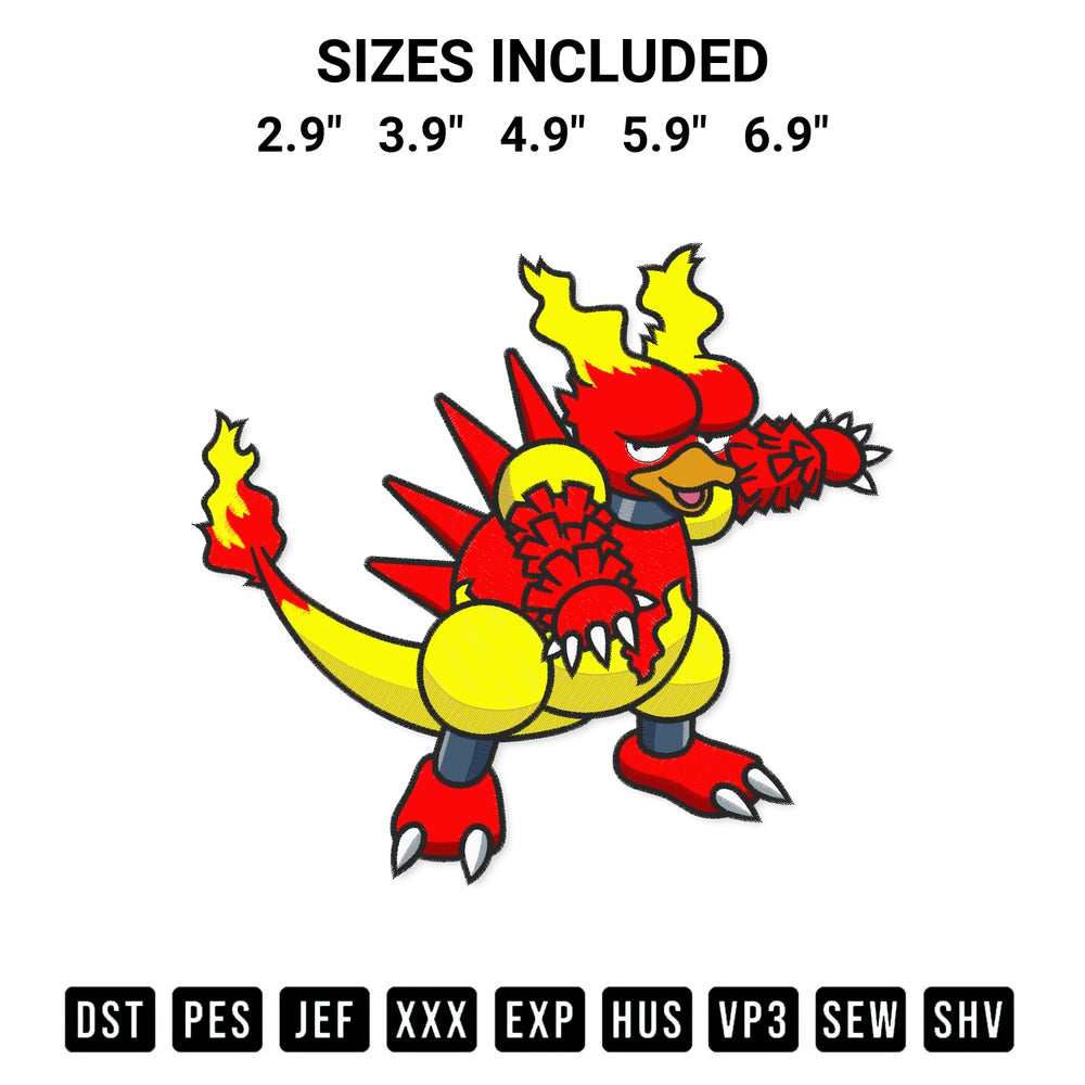 Stitch like a pro with the Magmar Pokemon Embroidery Design embroidery pattern from Designspacks.com. High-quality digital machine embroidery file. Available sizes: 2.9", 3.9", 4.9", 5.9", 6.9".