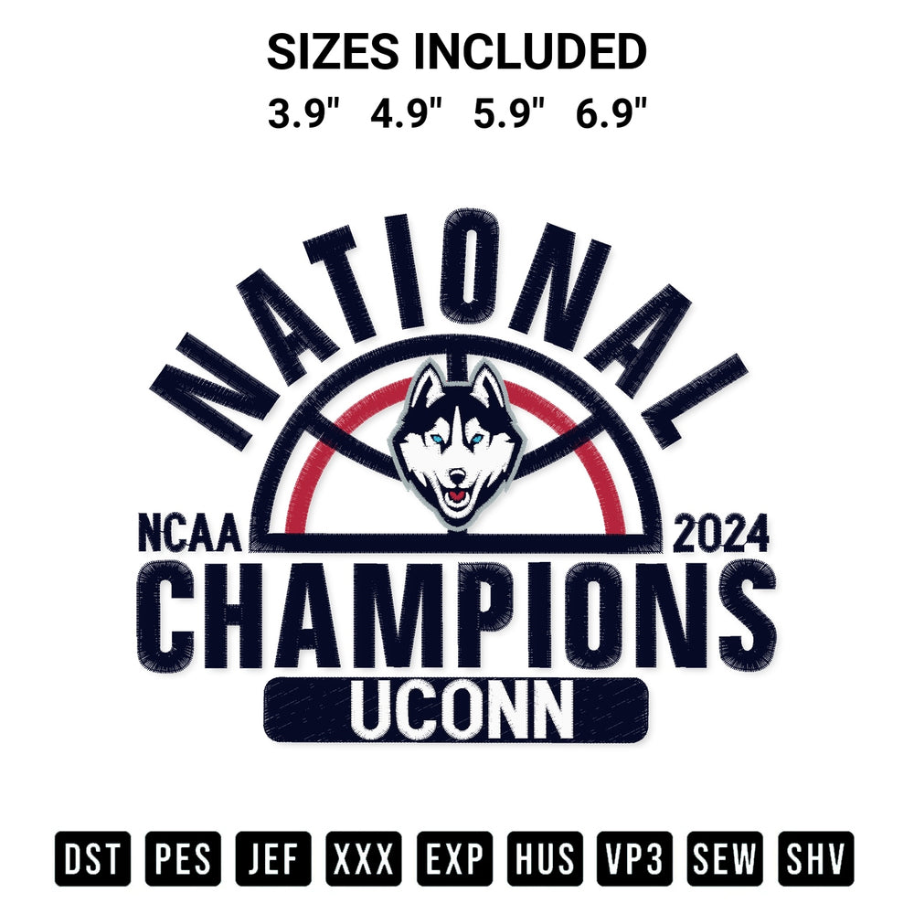 Download the National Champions Uconn Huskies Ncaa 2024 Embroidery Design machine embroidery design exclusively at Designspacks.com. Premium digitized pattern for apparel and DIY crafts. Available sizes: 3.9", 4.9", 5.9", 6.9".