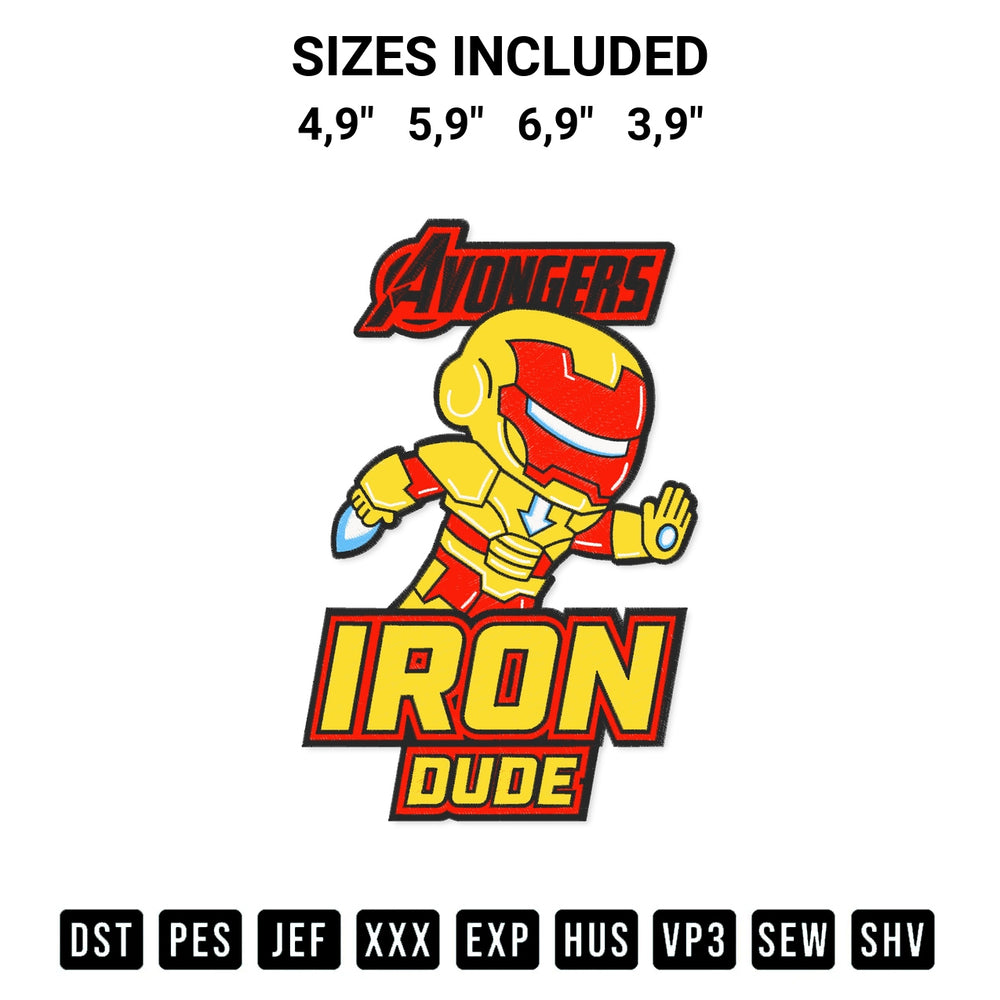 Transform your fabrics with the Avongers Iron Dude Iron Man Chibi Marvel Avengers Logo Embroidery Design embroidery design. Instant access to premium digitized patterns at Designspacks.com. Available sizes: 4,9", 5,9", 6,9", 3,9".