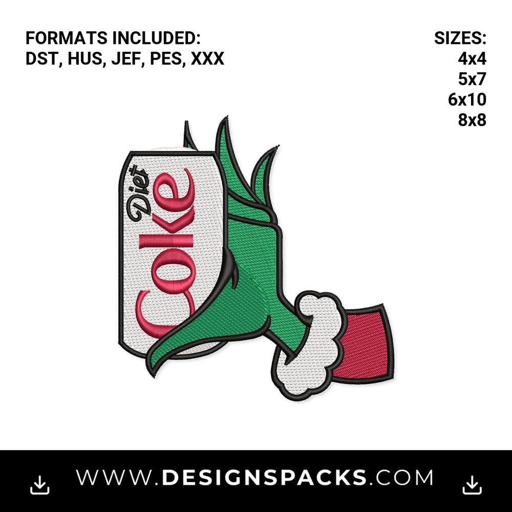 Grinch Hand Holding Diet Coke Can Embroidery Design - Instant digital download pattern at Designspacks.com