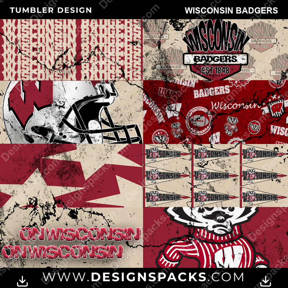 College Sport Distressed BG Wisconsin Badgers NCAA College Sport Tumbler Digital Wrap Design Download