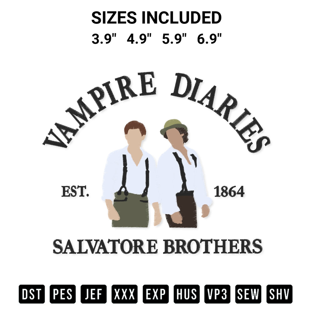 Create amazing crafts with the Vampire Diaries Salvatore Brothers 1864 Embroidery Design embroidery file. High-quality digital download from Designspacks.com, perfect for beginners and pros. Available sizes: 3.9", 4.9", 5.9", 6.9".