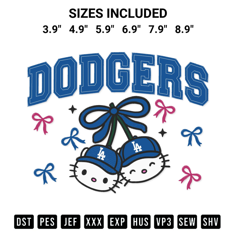 Transform your fabrics with the La Dodgers Hello Kitty Cherries Embroidery Design embroidery design. Instant access to premium digitized patterns at Designspacks.com. Available sizes: 3.9", 4.9", 5.9", 6.9", 7.9", 8.9".