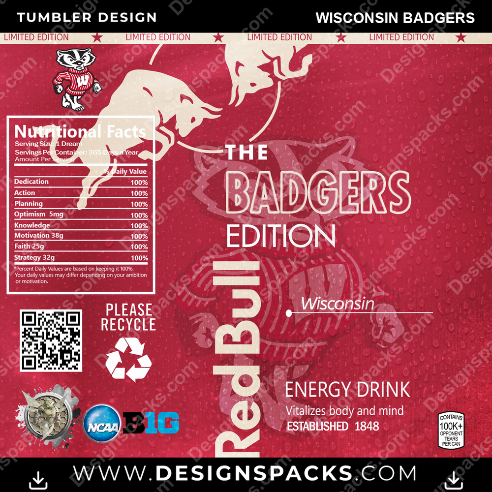 College Sport Red Bull Wisconsin Badgers NCAA College Sport Tumbler Digital Wrap Design Download