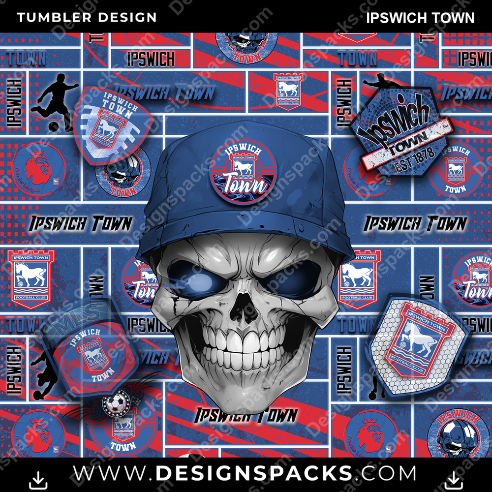 Soccer UK Skull Ipswich Town Tumbler Digital Wrap Design