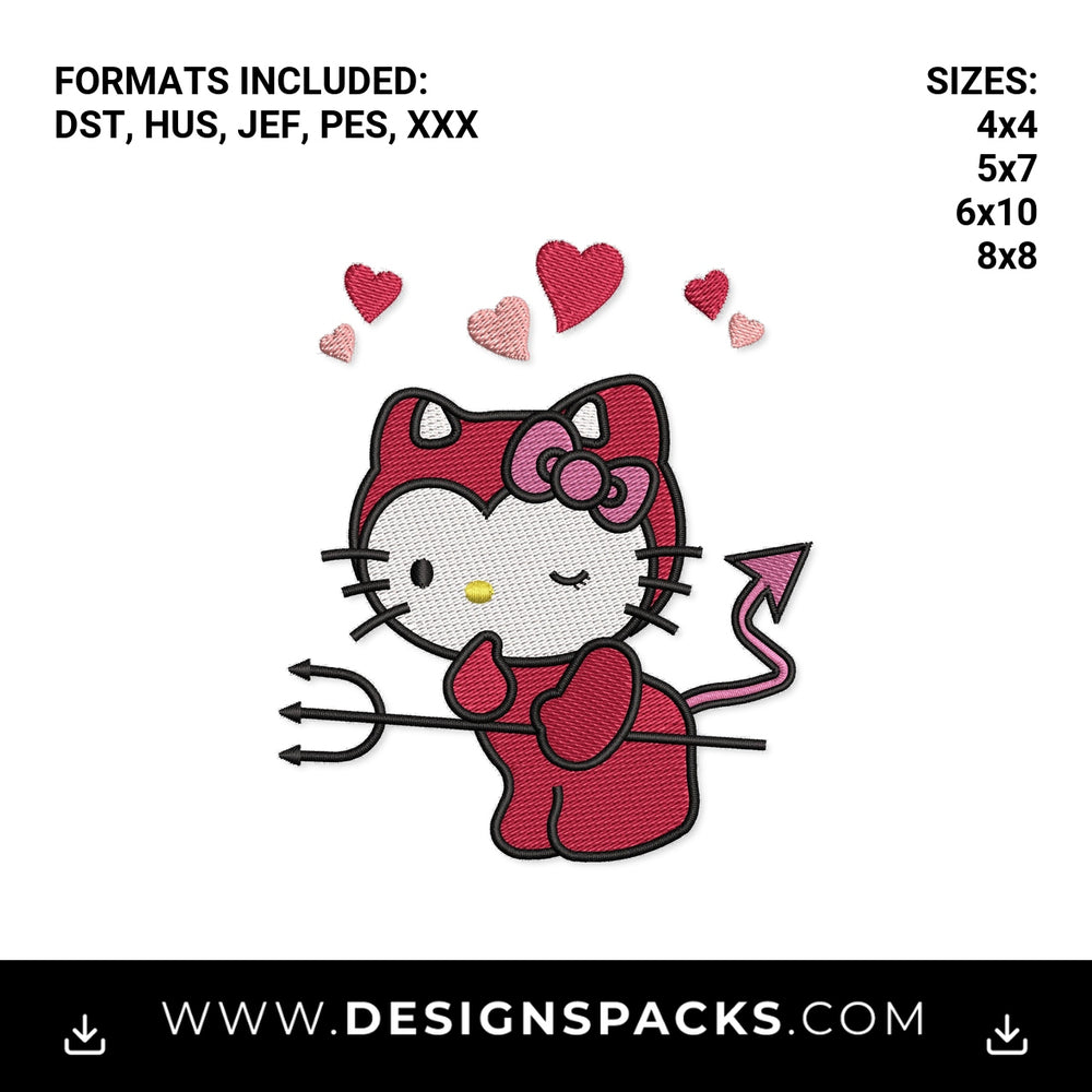 Winking Red Devil Kitty with Pitchfork Embroidery Design - Instant digital download pattern at Designspacks.com