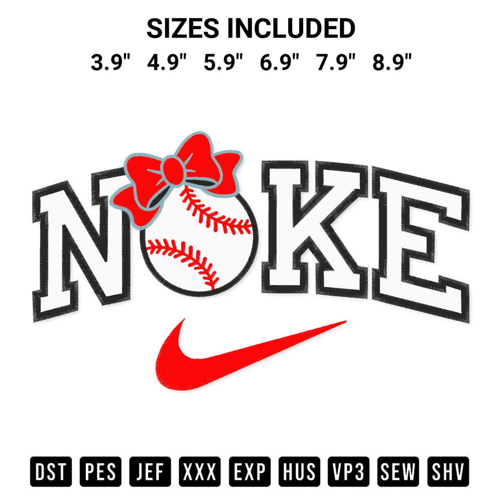 Create amazing crafts with the Nike Baseball Girl With Bow Embroidery Design embroidery file. High-quality digital download from Designspacks.com, perfect for beginners and pros. Available sizes: 3.9", 4.9", 5.9", 6.9", 7.9", 8.9".