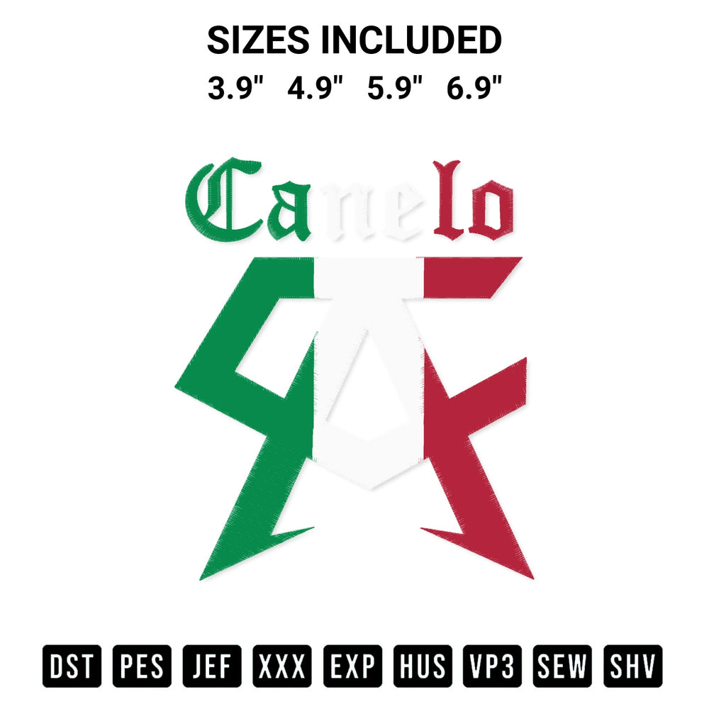 Shop the Team Canelo Mexican Embroidery Design machine embroidery pattern at Designspacks.com. Beautifully digitized for flawless stitching on any fabric. Available sizes: 3.9", 4.9", 5.9", 6.9".