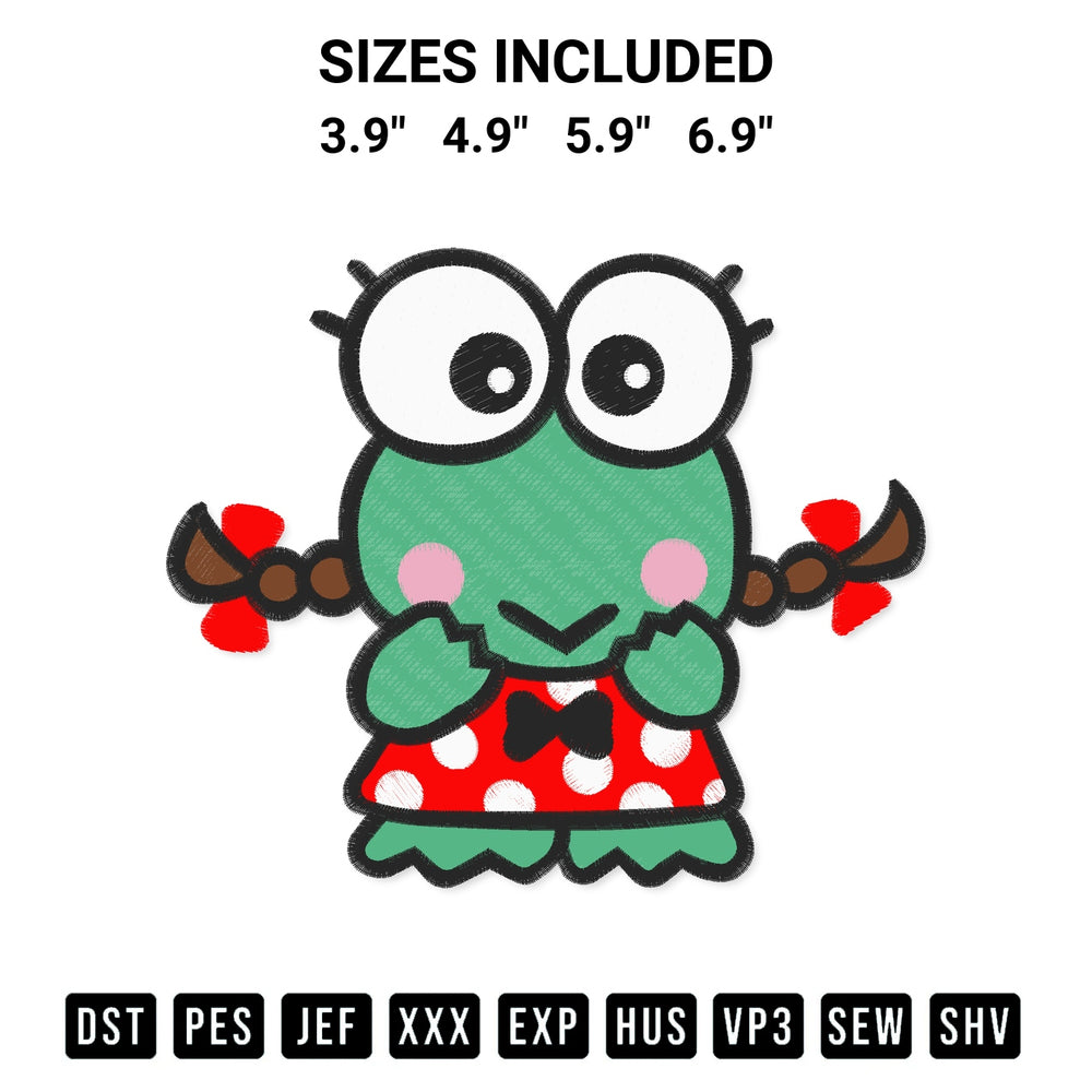 Transform your fabrics with the Cute Keroleen Sanrio Embroidery Design embroidery design. Instant access to premium digitized patterns at Designspacks.com. Available sizes: 3.9", 4.9", 5.9", 6.9".