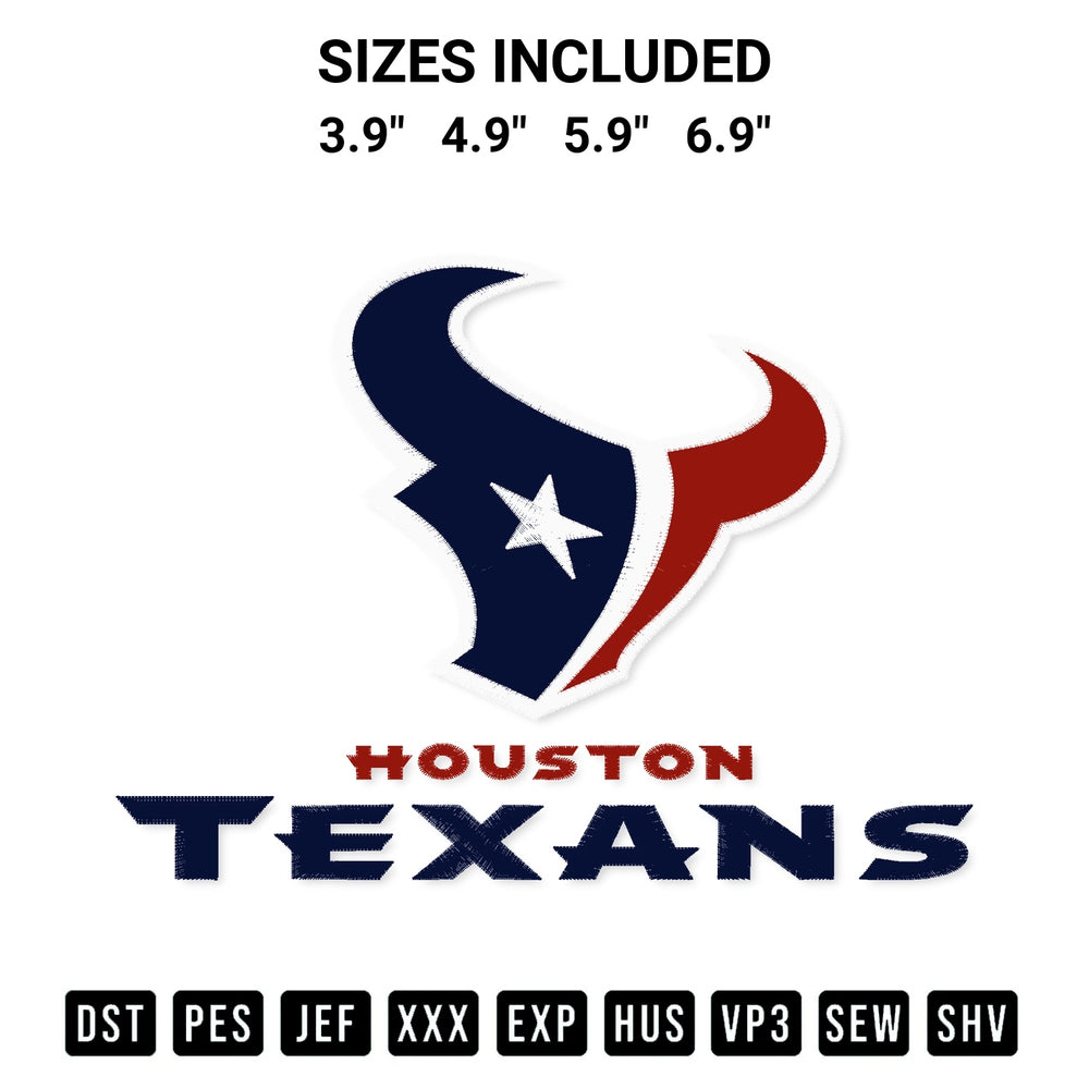 Get the Houston Texans Football Embroidery Design embroidery design for your custom crafts! Premium digitized files available for instant download at Designspacks.com. Available sizes: 3.9", 4.9", 5.9", 6.9".