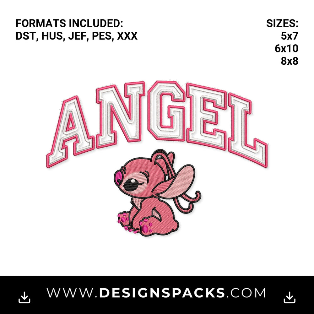 Cute Pink Angel Character Varsity Text Embroidery Design - Instant digital download pattern at Designspacks.com