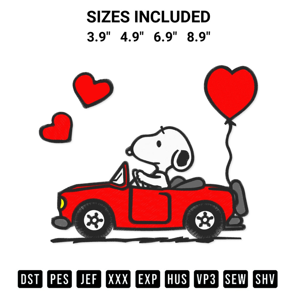 Discover the perfect addition to your crafting collection: Snoopy Driving Red Car Embroidery Design embroidery file. Instantly available at Designspacks.com. Available sizes: 3.9", 4.9", 6.9", 8.9".
