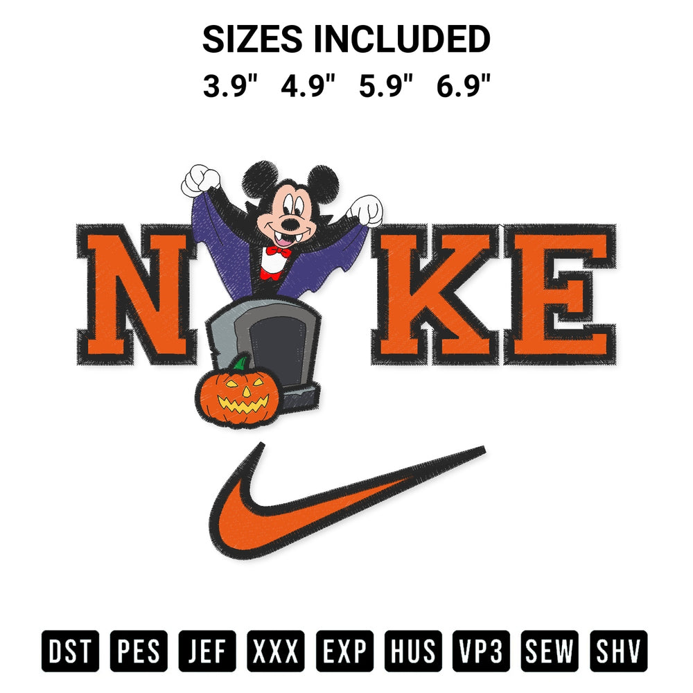 Add a unique touch to your apparel with the Nike Mickey Halloween Embroidery Design embroidery file. Premium instant download available now on Designspacks.com. Available sizes: 3.9", 4.9", 5.9", 6.9".