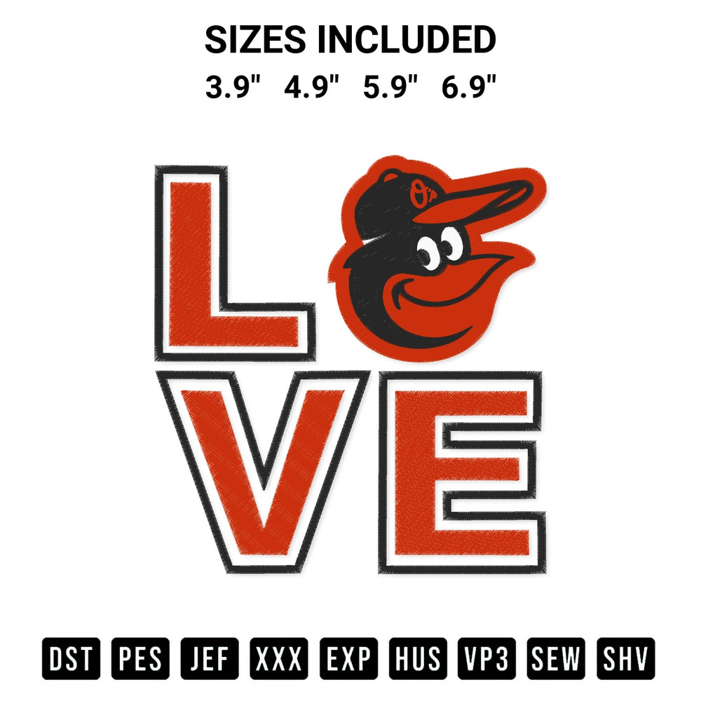 Discover the perfect addition to your crafting collection: Love Baltimore Orioles Embroidery Design embroidery file. Instantly available at Designspacks.com. Available sizes: 3.9", 4.9", 5.9", 6.9".