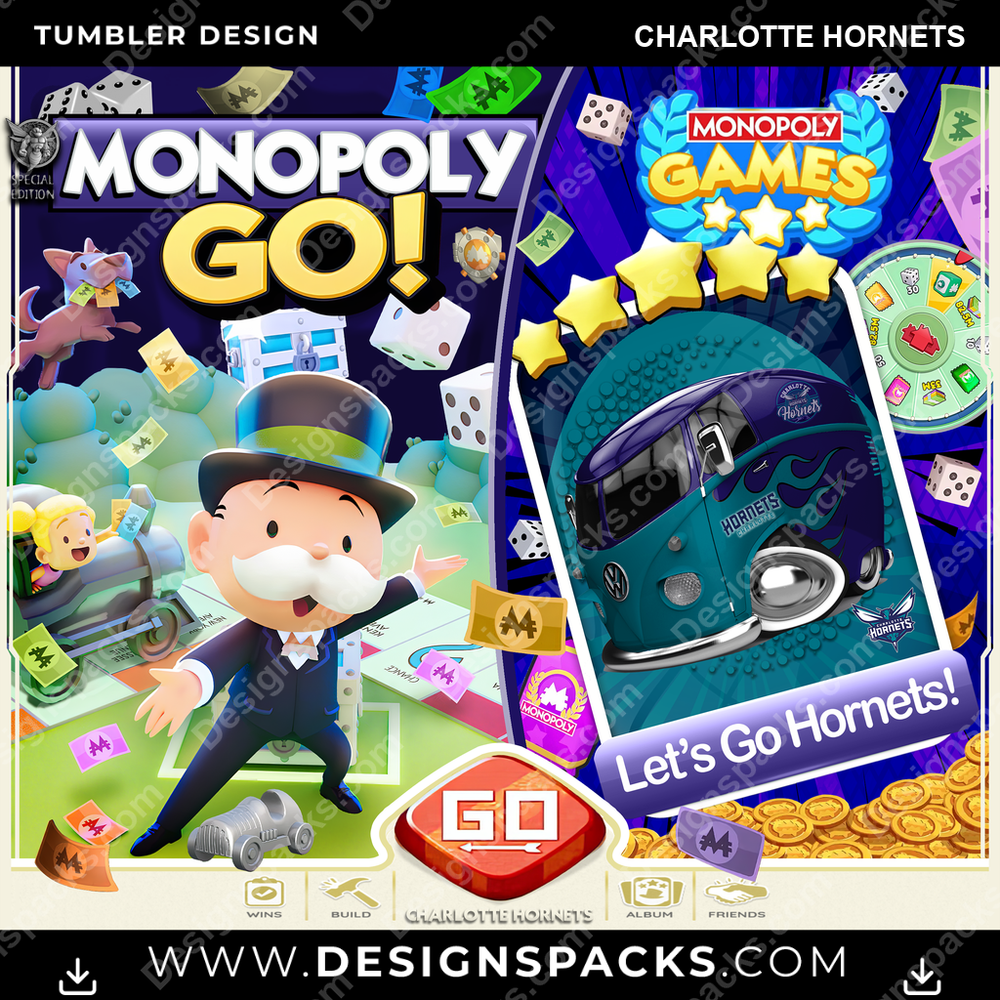 Basketball Monopoly Go! Charlotte Hornets NBA Basketball Tumbler Digital Wrap Design Download