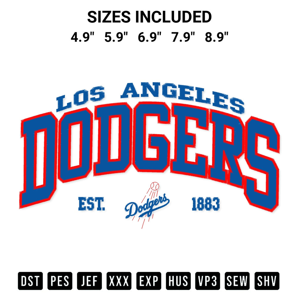 Shop the Los Angeles Dodgers Est 1883 Embroidery Design machine embroidery pattern at Designspacks.com. Beautifully digitized for flawless stitching on any fabric. Available sizes: 4.9", 5.9", 6.9", 7.9", 8.9".