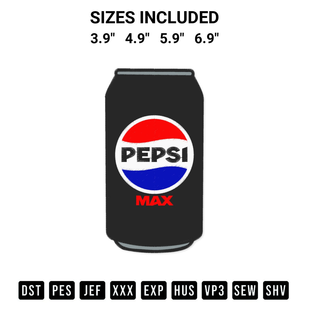 Shop the Pepsi Max Can Embroidery Design machine embroidery pattern at Designspacks.com. Beautifully digitized for flawless stitching on any fabric. Available sizes: 3.9", 4.9", 5.9", 6.9".