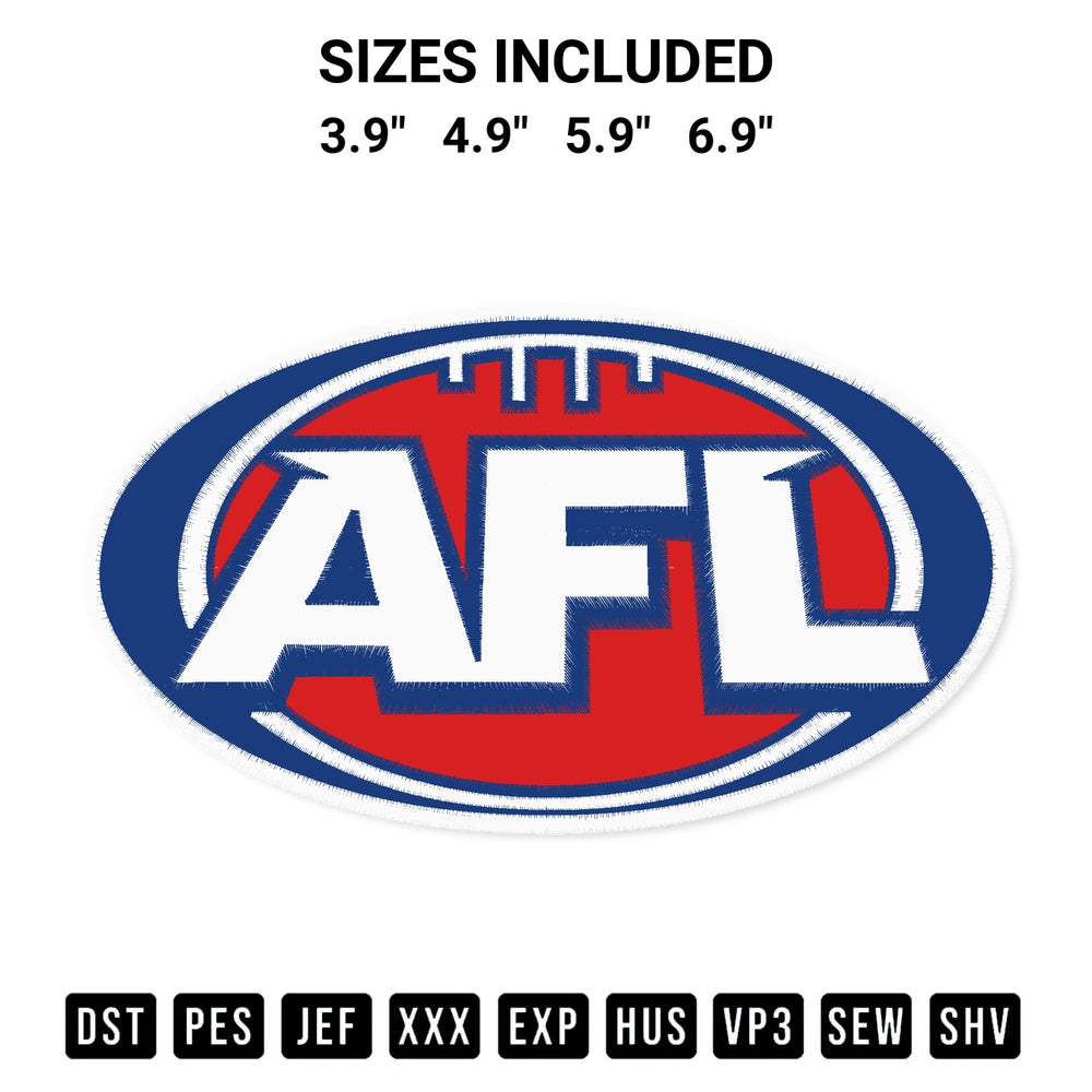 Shop the Afl Football Logo Embroidery Design machine embroidery pattern at Designspacks.com. Beautifully digitized for flawless stitching on any fabric. Available sizes: 3.9", 4.9", 5.9", 6.9".