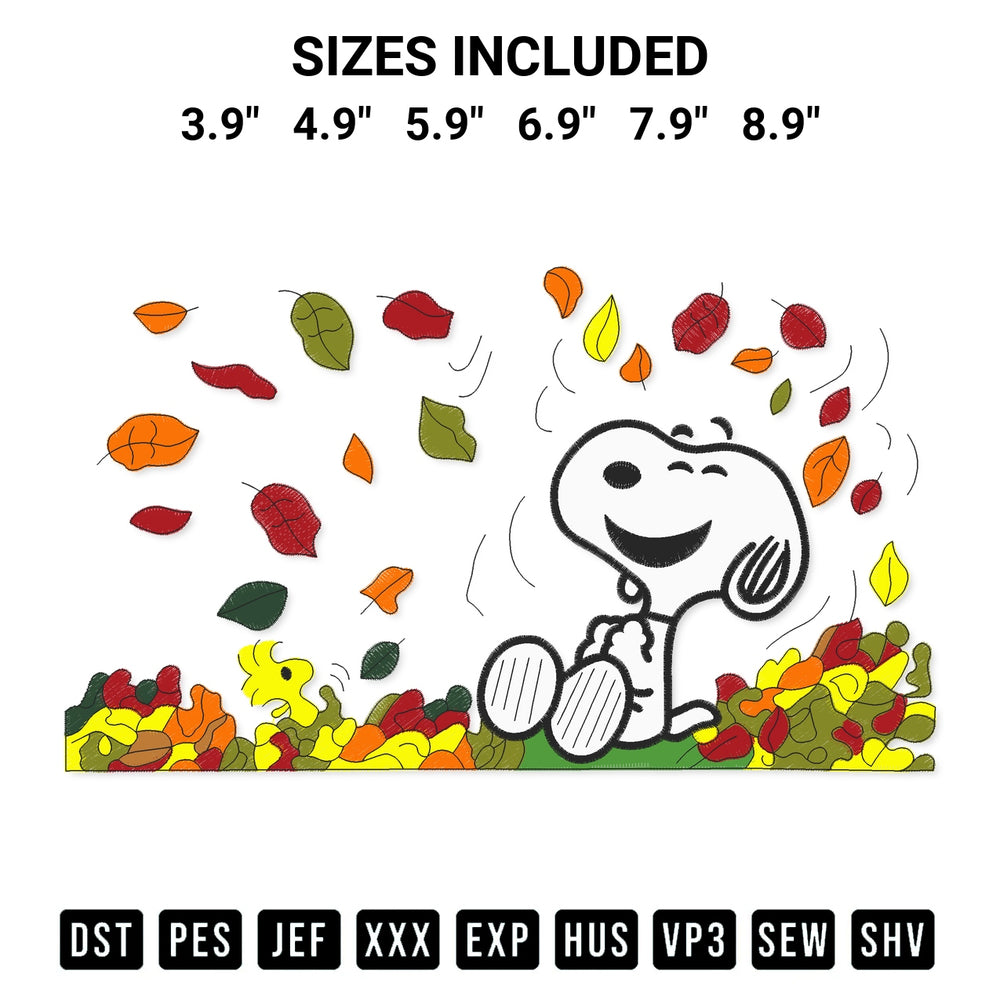 Add a unique touch to your apparel with the Autumn Snoopy Embroidery Design embroidery file. Premium instant download available now on Designspacks.com. Available sizes: 3.9", 4.9", 5.9", 6.9", 7.9", 8.9".