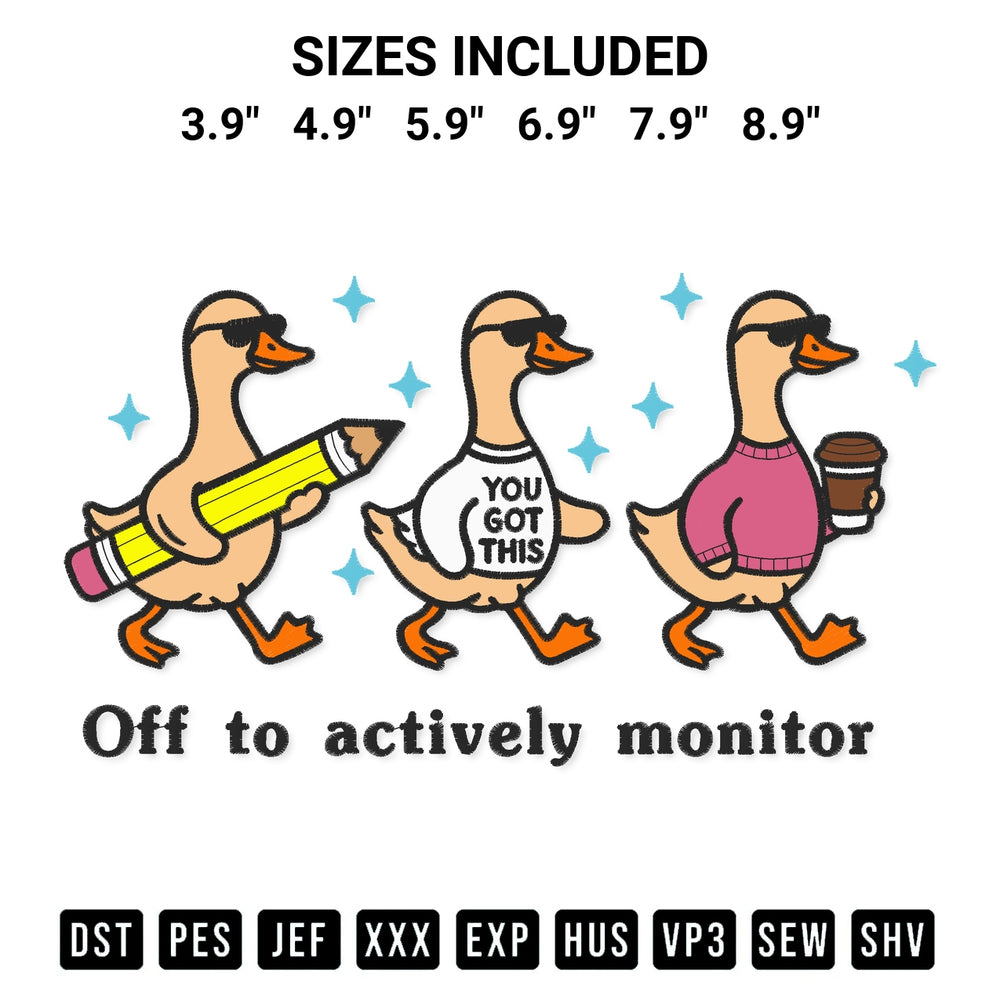 Stitch like a pro with the Off To Actively Monitor You Got This Embroidery Design embroidery pattern from Designspacks.com. High-quality digital machine embroidery file. Available sizes: 3.9", 4.9", 5.9", 6.9", 7.9", 8.9".