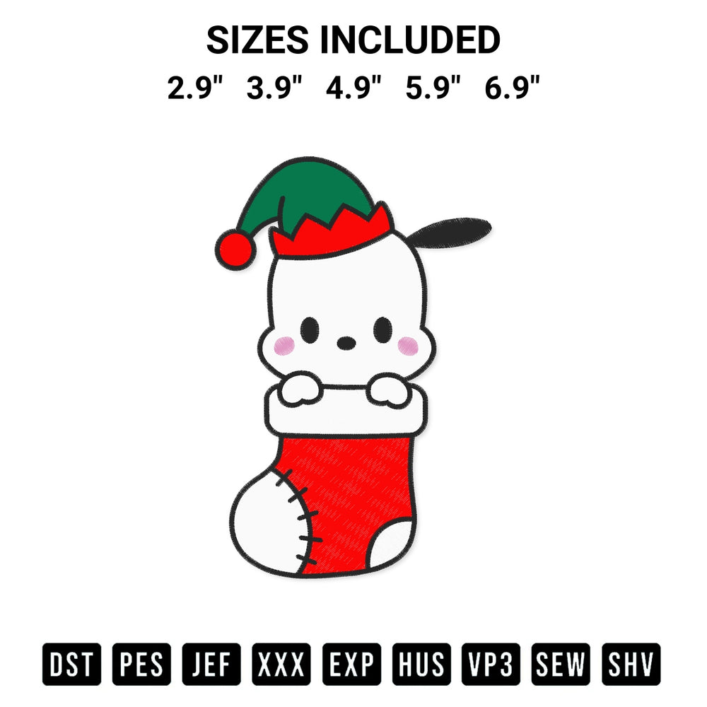 Stitch like a pro with the Pochacco In Stocking Christmas Embroidery Design embroidery pattern from Designspacks.com. High-quality digital machine embroidery file. Available sizes: 2.9", 3.9", 4.9", 5.9", 6.9".