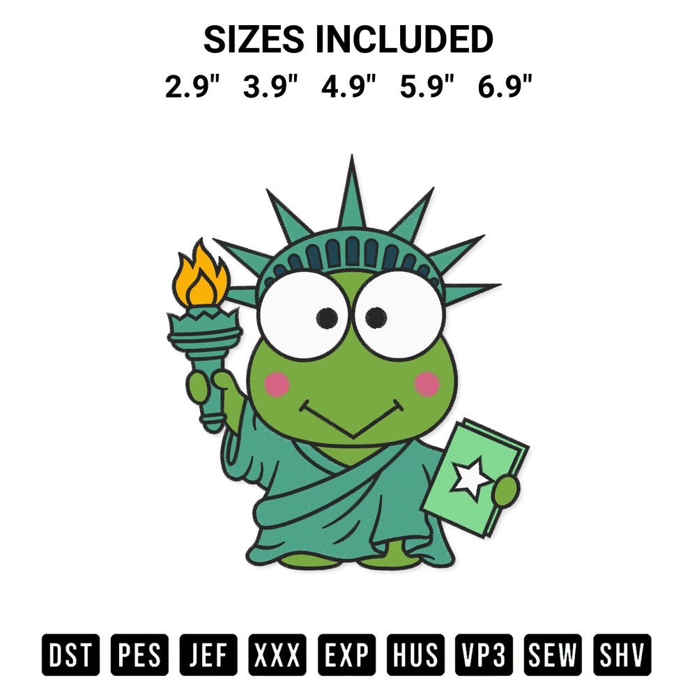 Shop the Keroppi Statue Of Liberty Embroidery Design machine embroidery pattern at Designspacks.com. Beautifully digitized for flawless stitching on any fabric. Available sizes: 2.9", 3.9", 4.9", 5.9", 6.9".