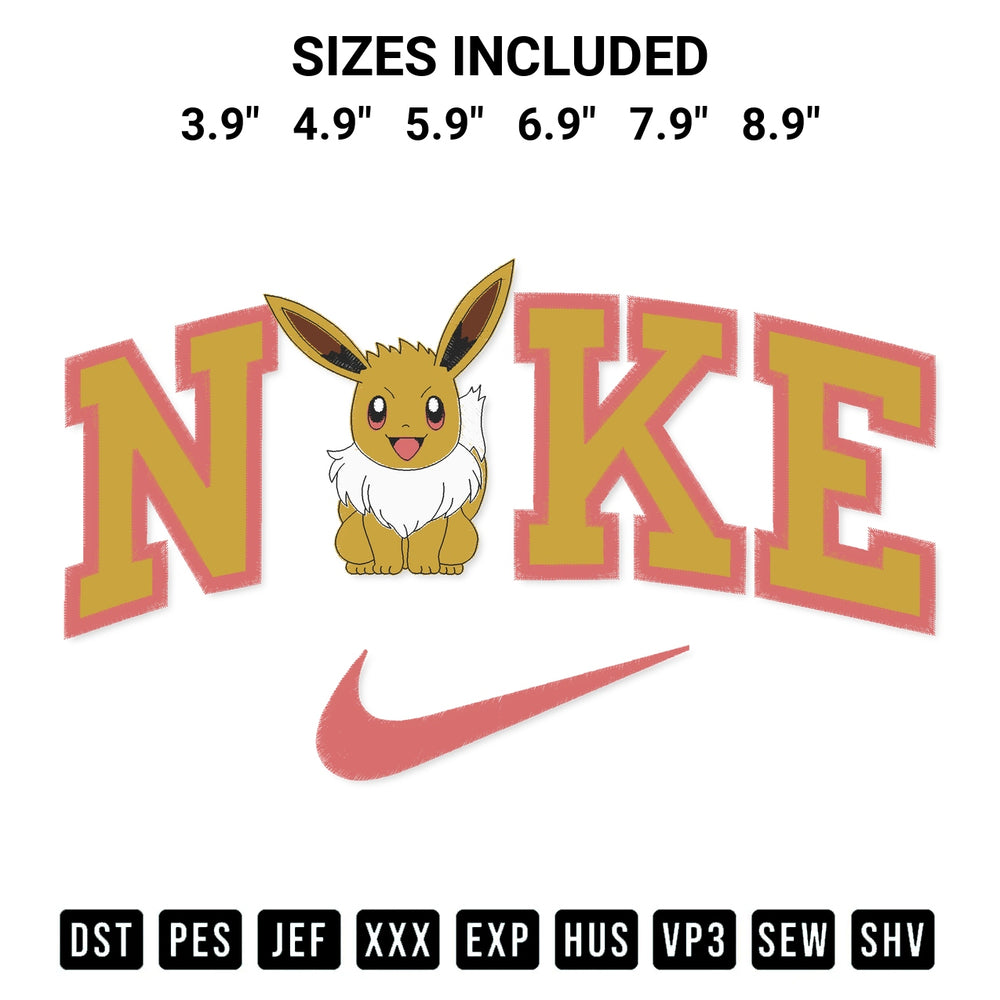 Download the Nike Eevee Embroidery Design machine embroidery design exclusively at Designspacks.com. Premium digitized pattern for apparel and DIY crafts. Available sizes: 3.9", 4.9", 5.9", 6.9", 7.9", 8.9".