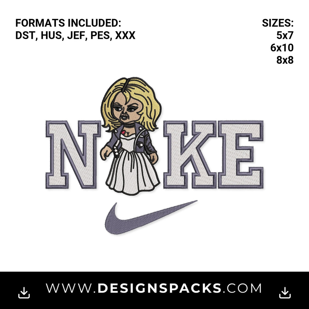 Bride of Chucky Tiffany Nike Swoosh Embroidery Design - Instant digital download pattern at Designspacks.com