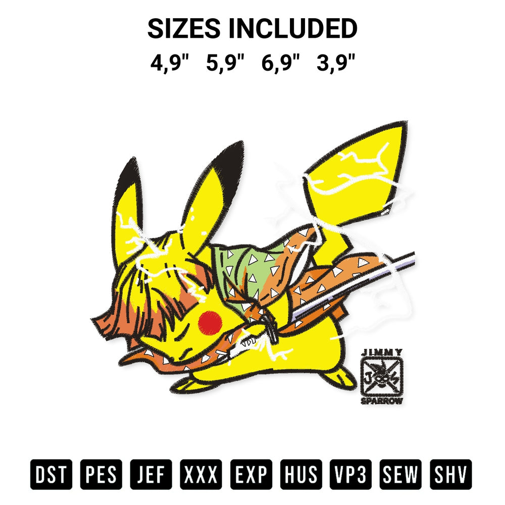 Transform your fabrics with the Pikachu Jimmy Sparrow Logo Embroidery Design embroidery design. Instant access to premium digitized patterns at Designspacks.com. Available sizes: 4,9", 5,9", 6,9", 3,9".