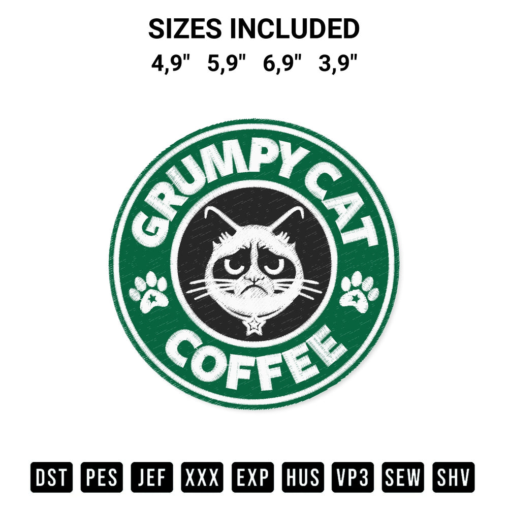 Discover the perfect addition to your crafting collection: Grumpy Cat Coffee Starbucks Logo Funny Cat Lovers Starbucks Coffee Logo Embroidery Design embroidery file. Instantly available at Designspacks.com. Available sizes: 4,9", 5,9", 6,9", 3,9".