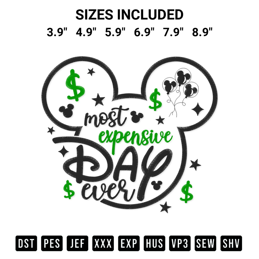 Download the Most Expensive Day Ever Mickey Ear Embroidery Design machine embroidery design exclusively at Designspacks.com. Premium digitized pattern for apparel and DIY crafts. Available sizes: 3.9", 4.9", 5.9", 6.9", 7.9", 8.9".