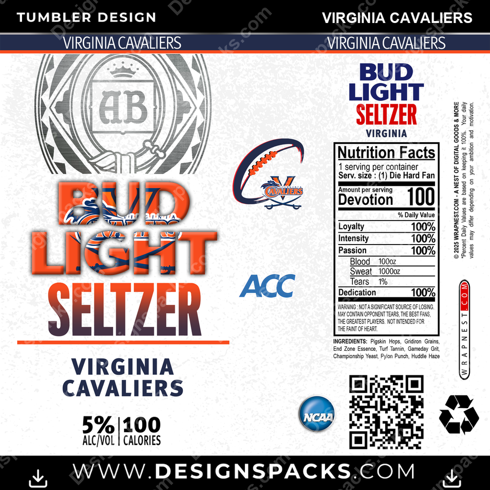 College Sport Bud Light Seltzer Virginia Cavaliers NCAA College Sport Tumbler Digital Wrap Design Download