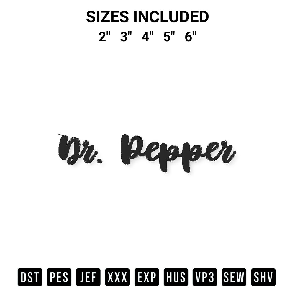 Get the Dr Pepper Wordmark Black Embroidery Design embroidery design for your custom crafts! Premium digitized files available for instant download at Designspacks.com. Available sizes: 2", 3", 4", 5", 6".