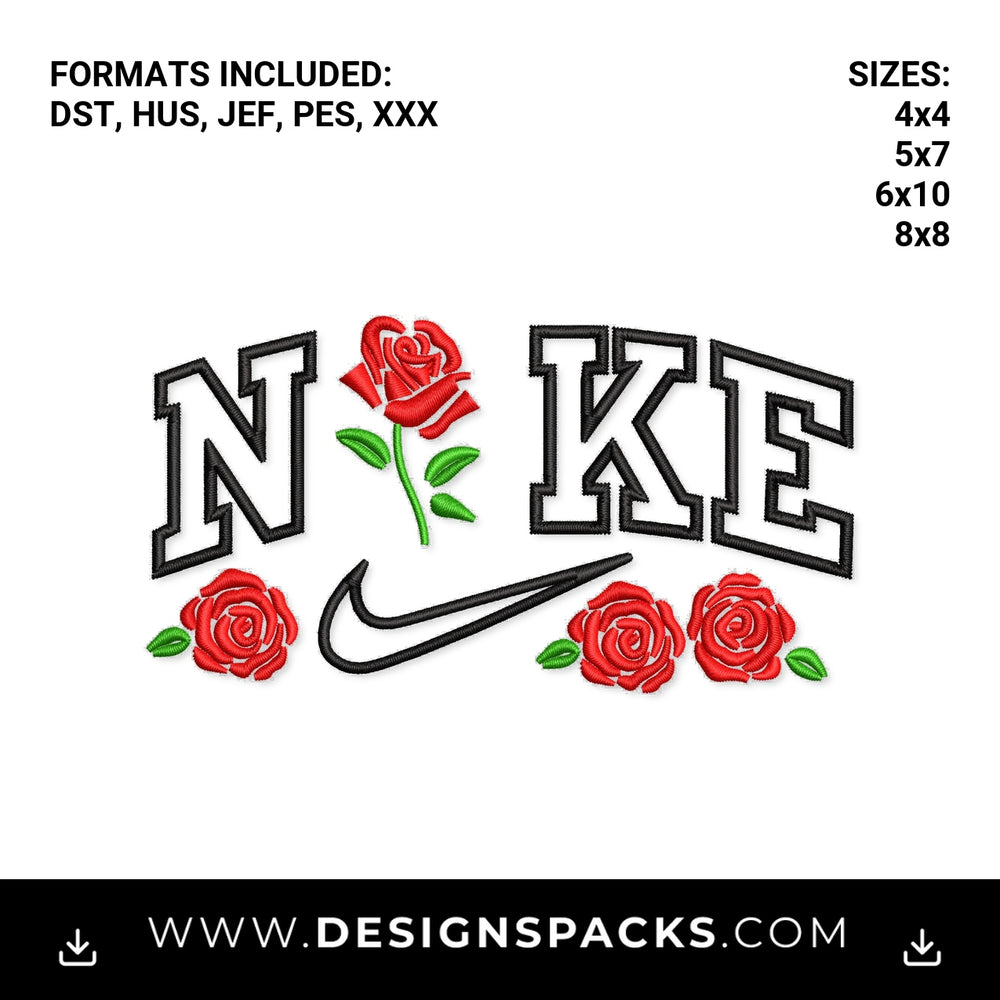 Nike Red Rose Floral Varsity Swoosh Embroidery Design - Instant digital download pattern at Designspacks.com
