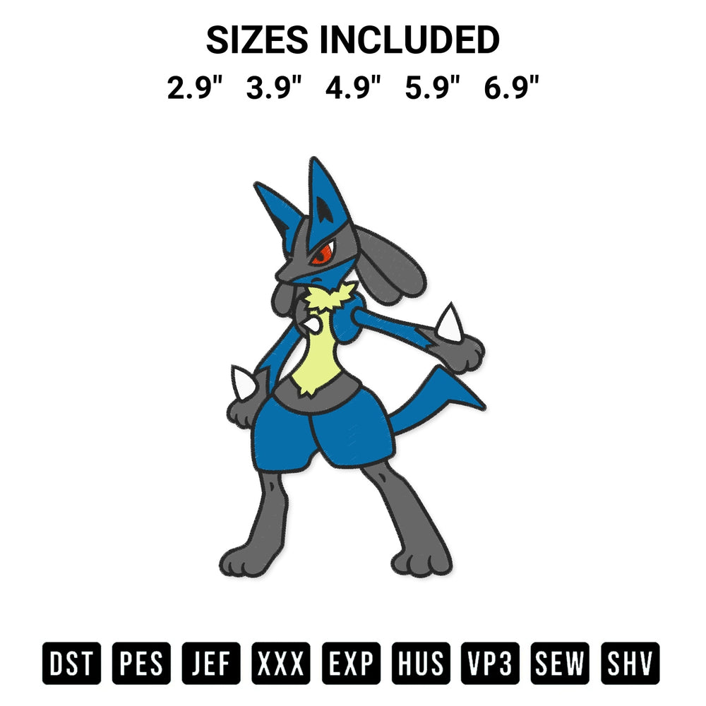 Download the Lucario Pokemon Embroidery Design machine embroidery design exclusively at Designspacks.com. Premium digitized pattern for apparel and DIY crafts. Available sizes: 2.9", 3.9", 4.9", 5.9", 6.9".