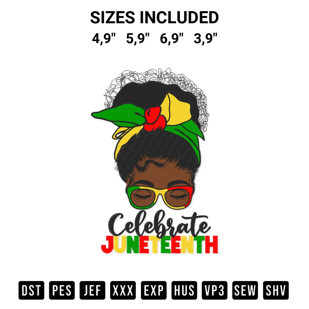 Add a unique touch to your apparel with the Celebrate Juneteenth Logo Embroidery Design embroidery file. Premium instant download available now on Designspacks.com. Available sizes: 4,9", 5,9", 6,9", 3,9".