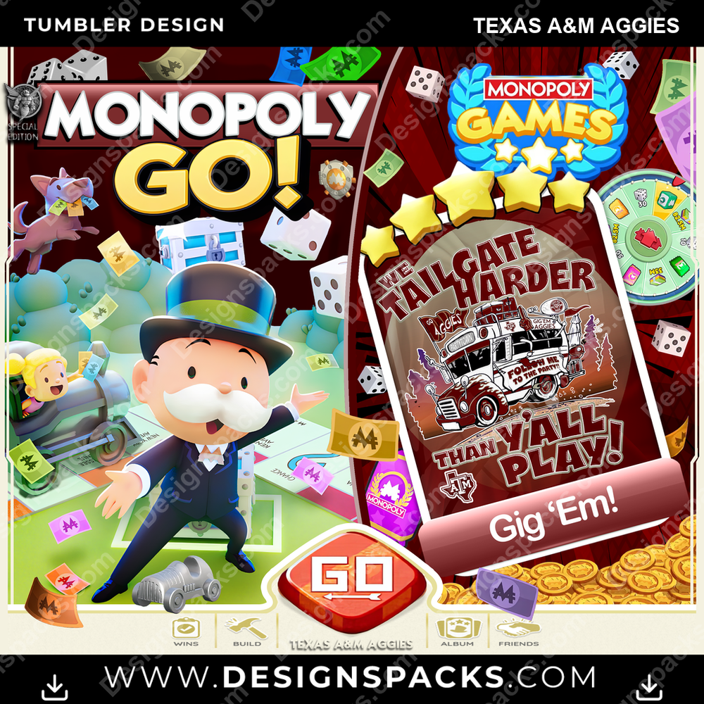 College Sport Monopoly Go! Texas A&M Aggies NCAA College Sport Tumbler Digital Wrap Design Download
