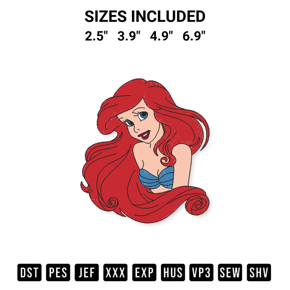 Stitch like a pro with the Ariel The Little Mermaid Embroidery Design embroidery pattern from Designspacks.com. High-quality digital machine embroidery file. Available sizes: 2.5", 3.9", 4.9", 6.9".