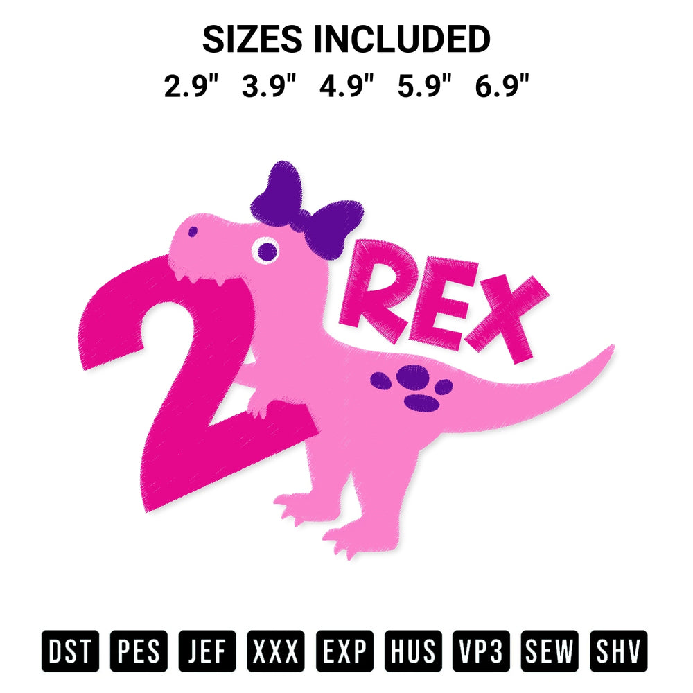 Elevate your next project with our 2 Rex Girl Dinosaur Birthday Embroidery Design embroidery file. Shop high-quality digital patterns instantly at Designspacks.com. Available sizes: 2.9", 3.9", 4.9", 5.9", 6.9".