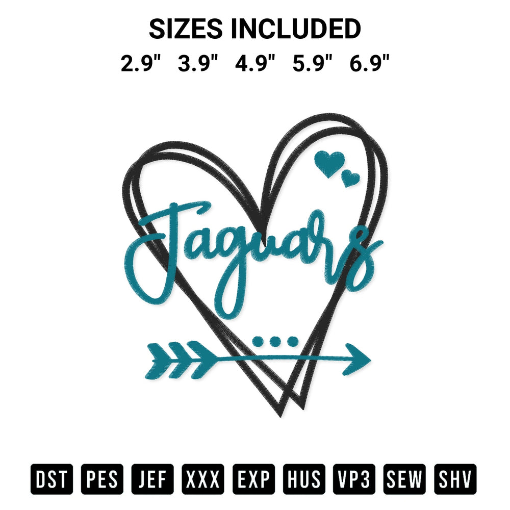 Transform your fabrics with the Jacksonville Jaguars Heart Embroidery Design embroidery design. Instant access to premium digitized patterns at Designspacks.com. Available sizes: 2.9", 3.9", 4.9", 5.9", 6.9".
