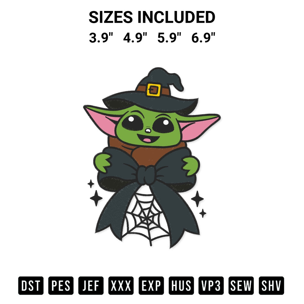 Download the Halloween Baby Yoda Witch Coquette Embroidery Design machine embroidery design exclusively at Designspacks.com. Premium digitized pattern for apparel and DIY crafts. Available sizes: 3.9", 4.9", 5.9", 6.9".