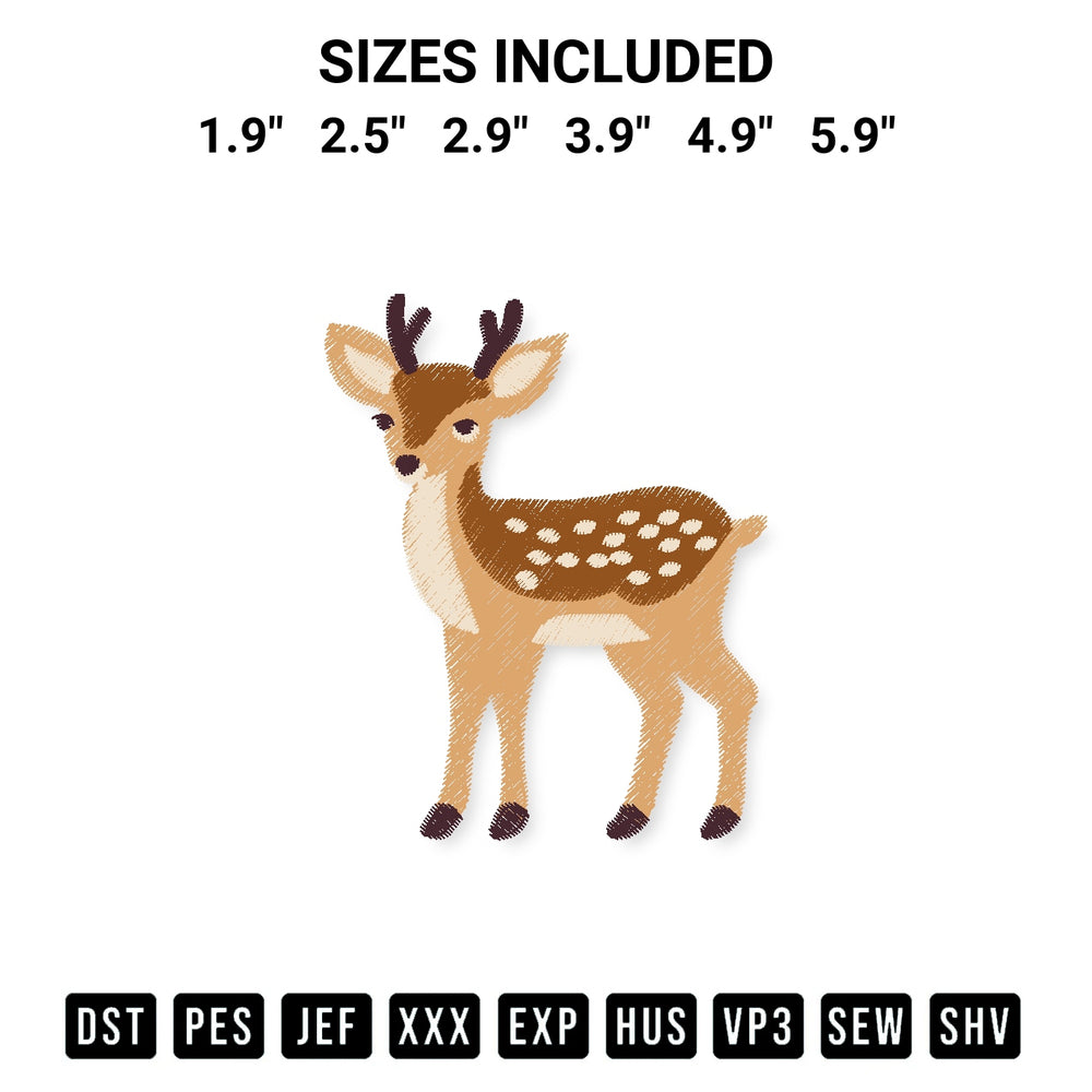 Add a unique touch to your apparel with the Baby Deer Embroidery Design embroidery file. Premium instant download available now on Designspacks.com. Available sizes: 1.9", 2.5", 2.9", 3.9", 4.9", 5.9".