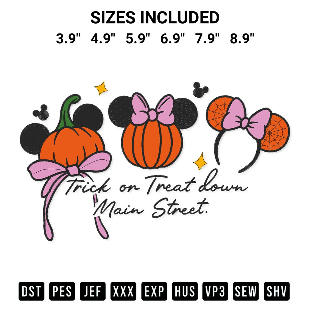 Shop the Trick Or Treat Down Main Street Embroidery Design machine embroidery pattern at Designspacks.com. Beautifully digitized for flawless stitching on any fabric. Available sizes: 3.9", 4.9", 5.9", 6.9", 7.9", 8.9".